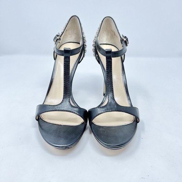 Isola Ivalee Gold Stud Black Leather T Strap Heels Dress Evening Prom Size 6.5M - Picture 4 of 8